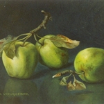 Drie groene appeltjes, 13 x 18 cm, olieverf op paneel. Verkocht