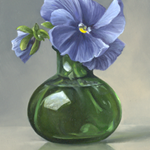 Blauwe viooltjes in groen flesje, 15 x 10 cm, olieverf op paneel. Verkocht