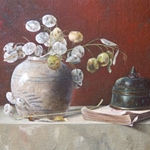 Gemberpot en bronzen bakje, 30 x 40 cm, olieverf op paneel. Verkocht