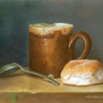 Broodje en tinnen lepel, 18 x 24 cm, olieverf op paneel. Verkocht.